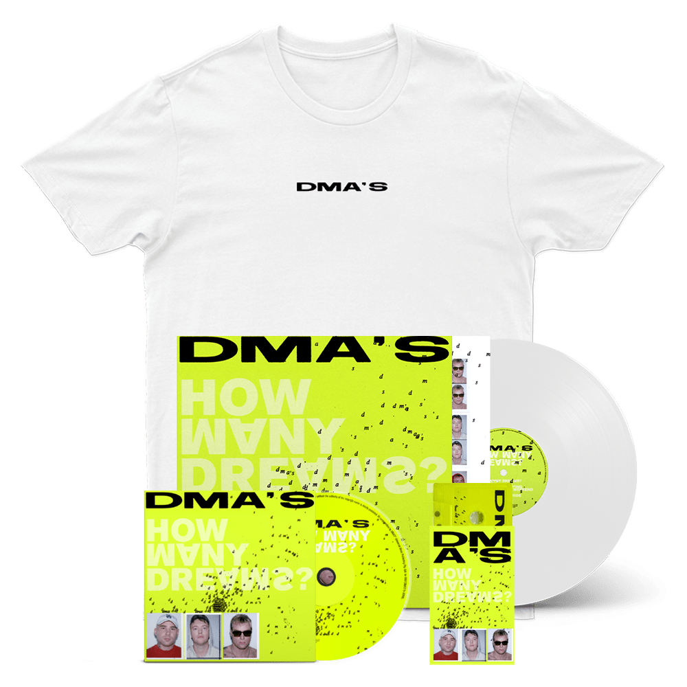 DMA'S T-Shirt - How Many Dreams Exclusive White LP in Neon Yellow Gatefold CD Album Exclusive Jelly Yellow Cassette + Crumbling Logo White T-Shirt