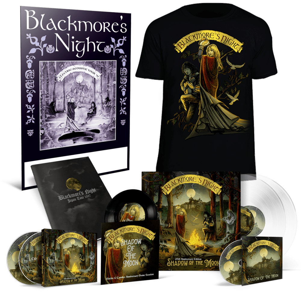 Blackmore’s Night T-Shirt – Shadow Of The Moon 25th Anniversary Edition – Ltd. Edition CD+DVD Digipak + Heavyweight 2LP Crystal Clear Gatefold 7″ + Documentary-DVD + Tour Book Replica + Tour Poster Replica + 25th Anniversary T-Shirt