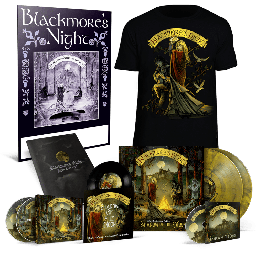 Blackmore’s Night T-Shirt – Shadow Of The Moon 25th Anniversary Edition – Ltd. Edition CD+DVD Digipak + Heavyweight 2LP Marbled Sun Yellow/Black Gatefold 7″ + Documentary-DVD + Tour Book Replica + Tour Poster Replica + 25th Anniversary T-Shirt