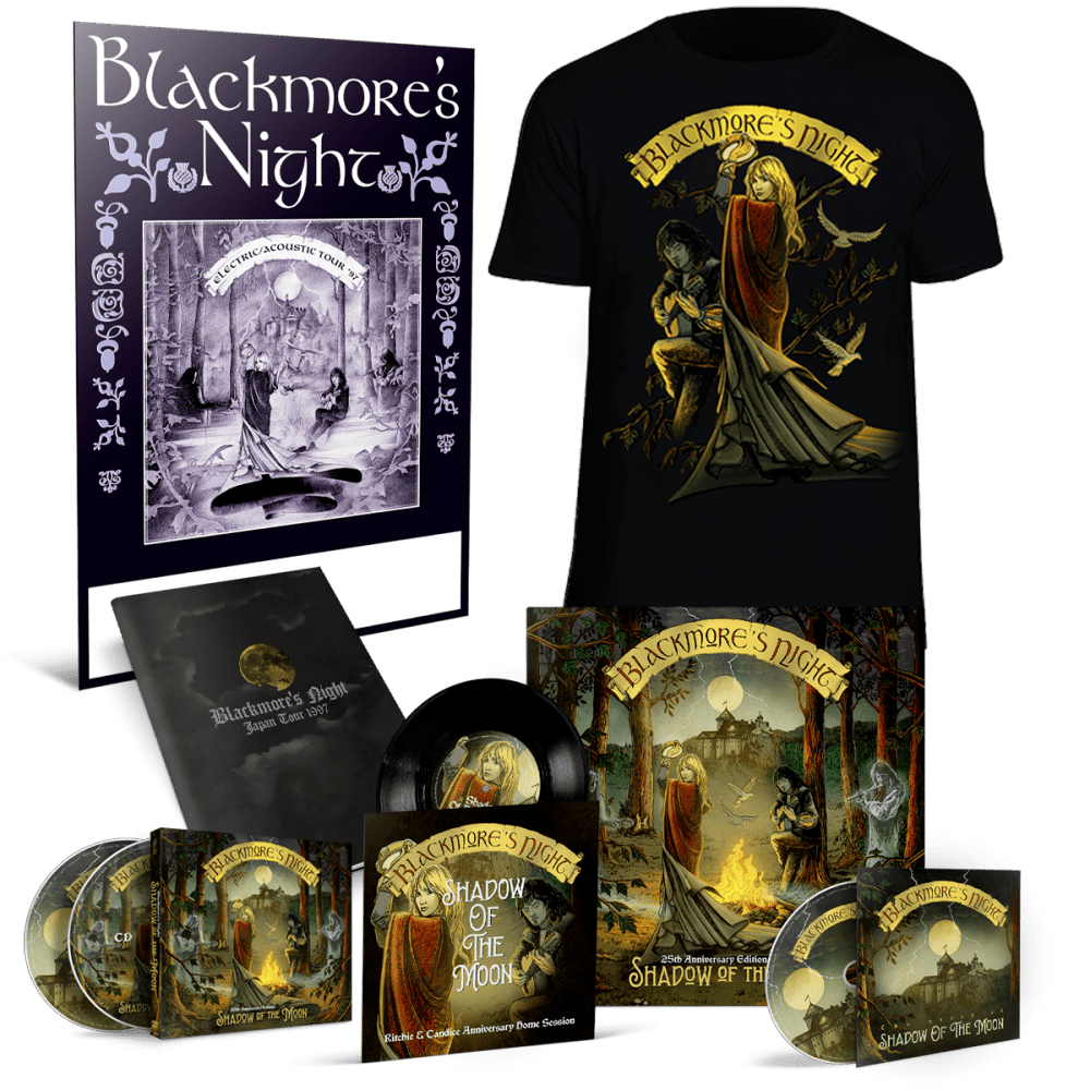 Blackmore’s Night T-Shirt – Shadow Of The Moon 25th Anniversary Edition – Ltd. Edition CD+DVD Digipak + Heavyweight 2LP Coloured Re-Vinyl Gatefold 7″ + Documentary-DVD + Tour Book Replica + Tour Poster Replica + 25th Anniversary T-Shirt