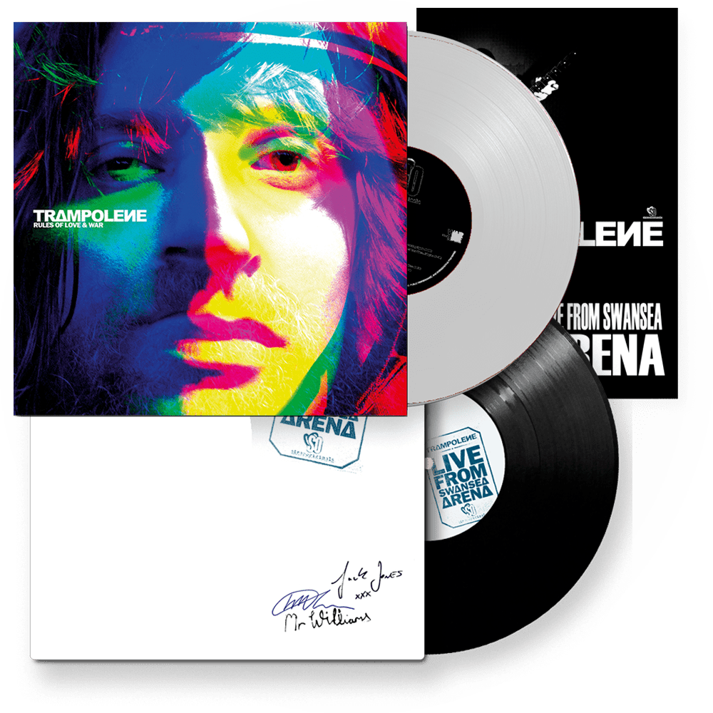 Trampolene Poster - RULES OF LOVE & WAR White LP with Signed Print + LIVE FROM SWANSEA ARENA Signed LP with Poster