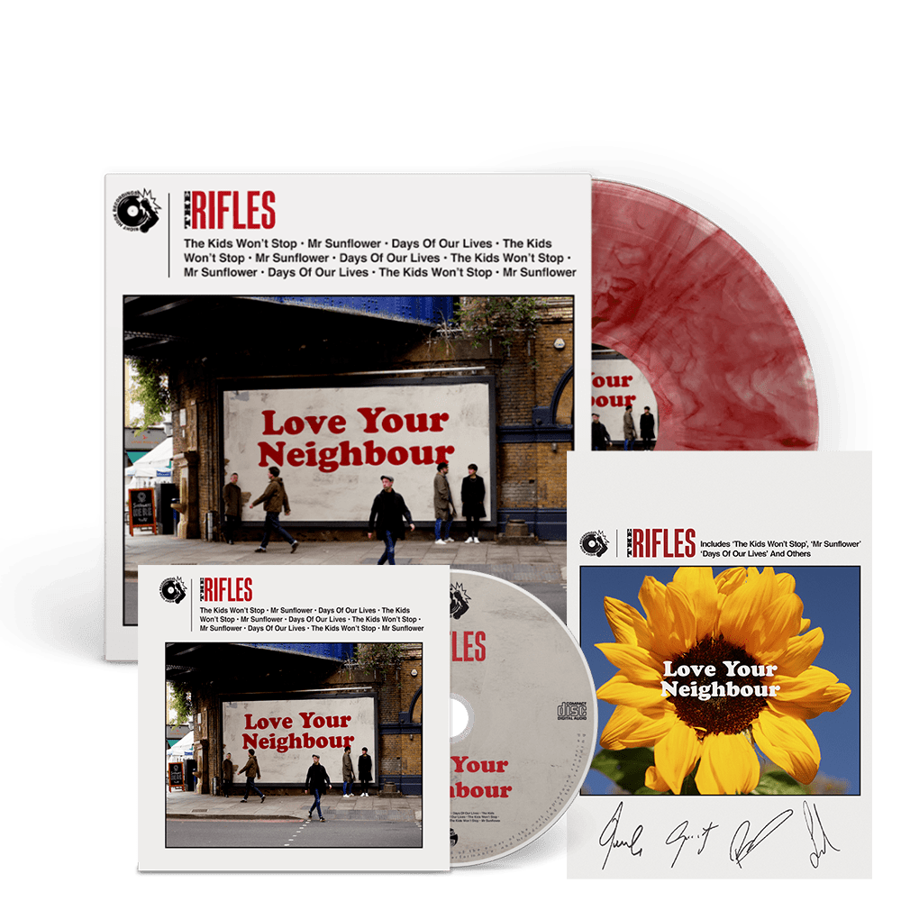 The Rifles Print – Love Your Neighbour Limited Edition Transparent Red Marble Vinyl + CD + Signed A4 Print