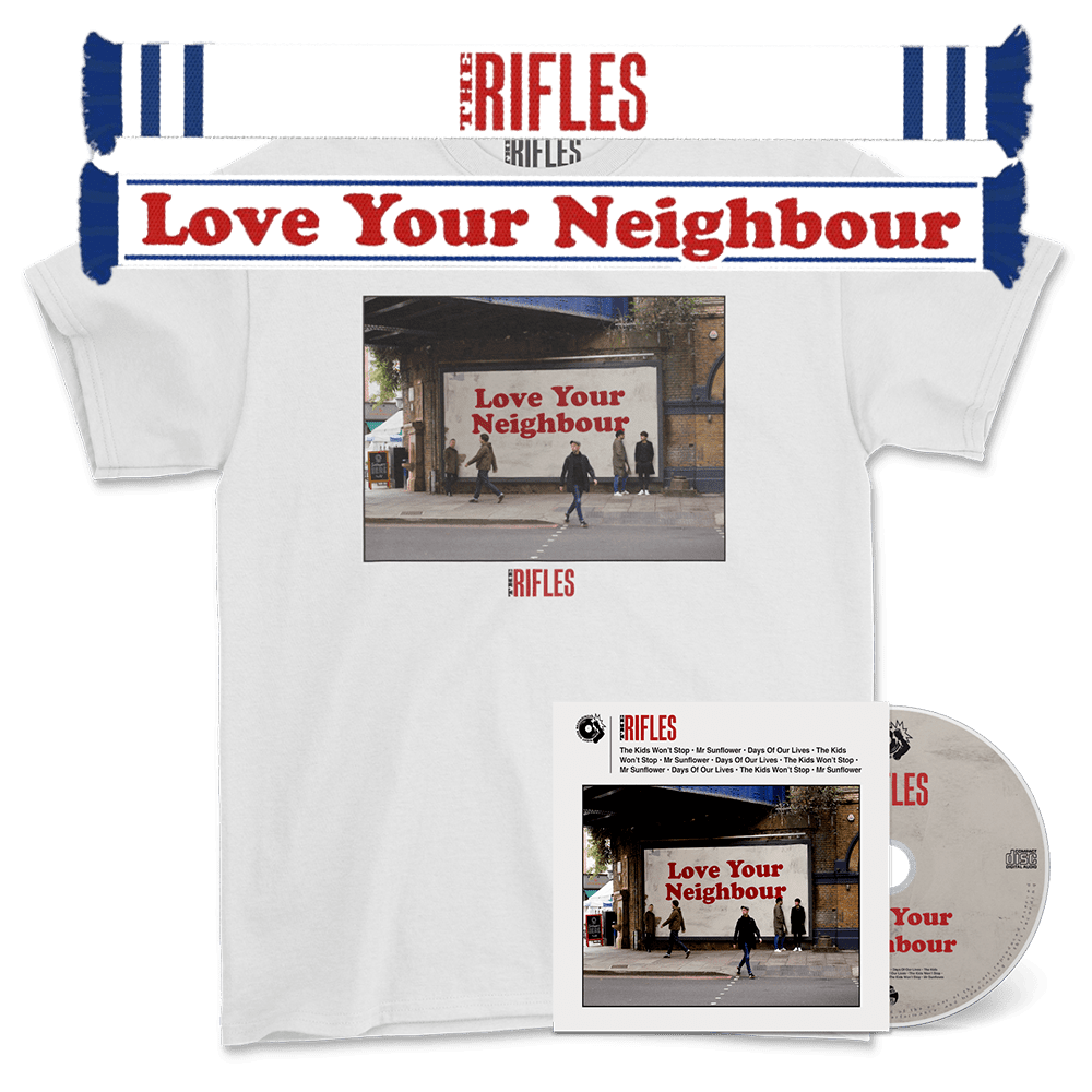 The Rifles - Love Your Neighbour Artwork White T-Shirt + CD + Scarf