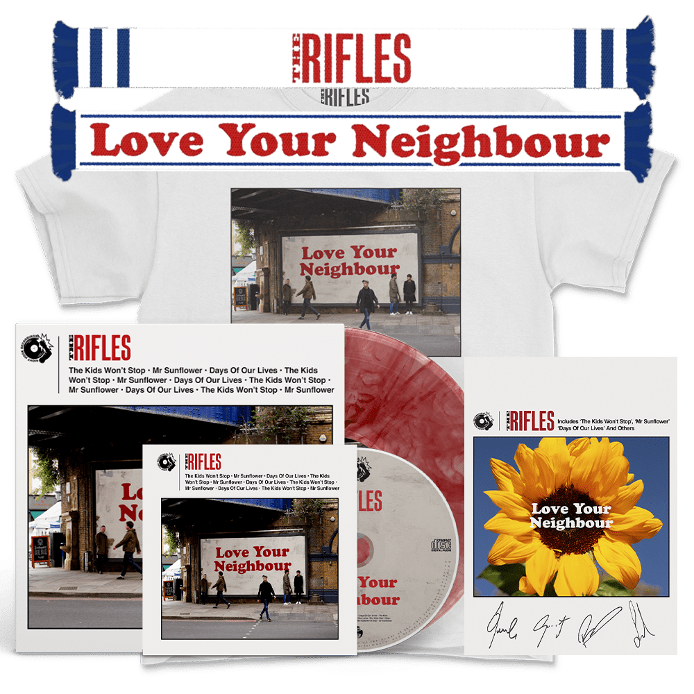 The Rifles - Love Your Neighbour White Artwork T-Shirt + Splatter Vinyl + Scarf + CD + Signed A4 Print