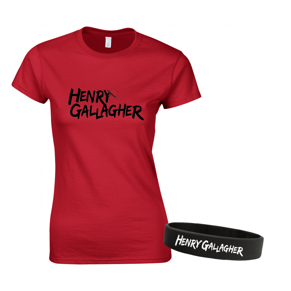 Henry Gallagher - Ladies Black Text Logo Red T-Shirt + Wristband