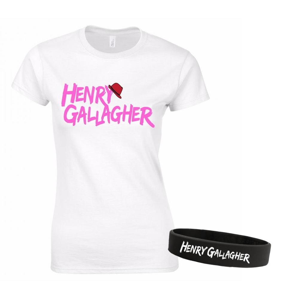 Henry Gallagher - Ladies Pink Text Logo White T-Shirt + Wristband