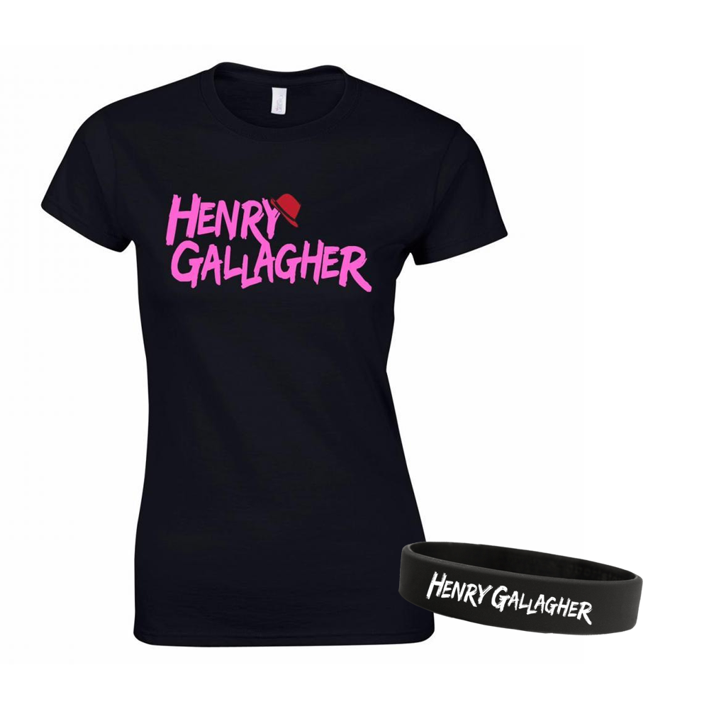 Henry Gallagher - Ladies Pink Text Logo Black T-Shirt + Wristband