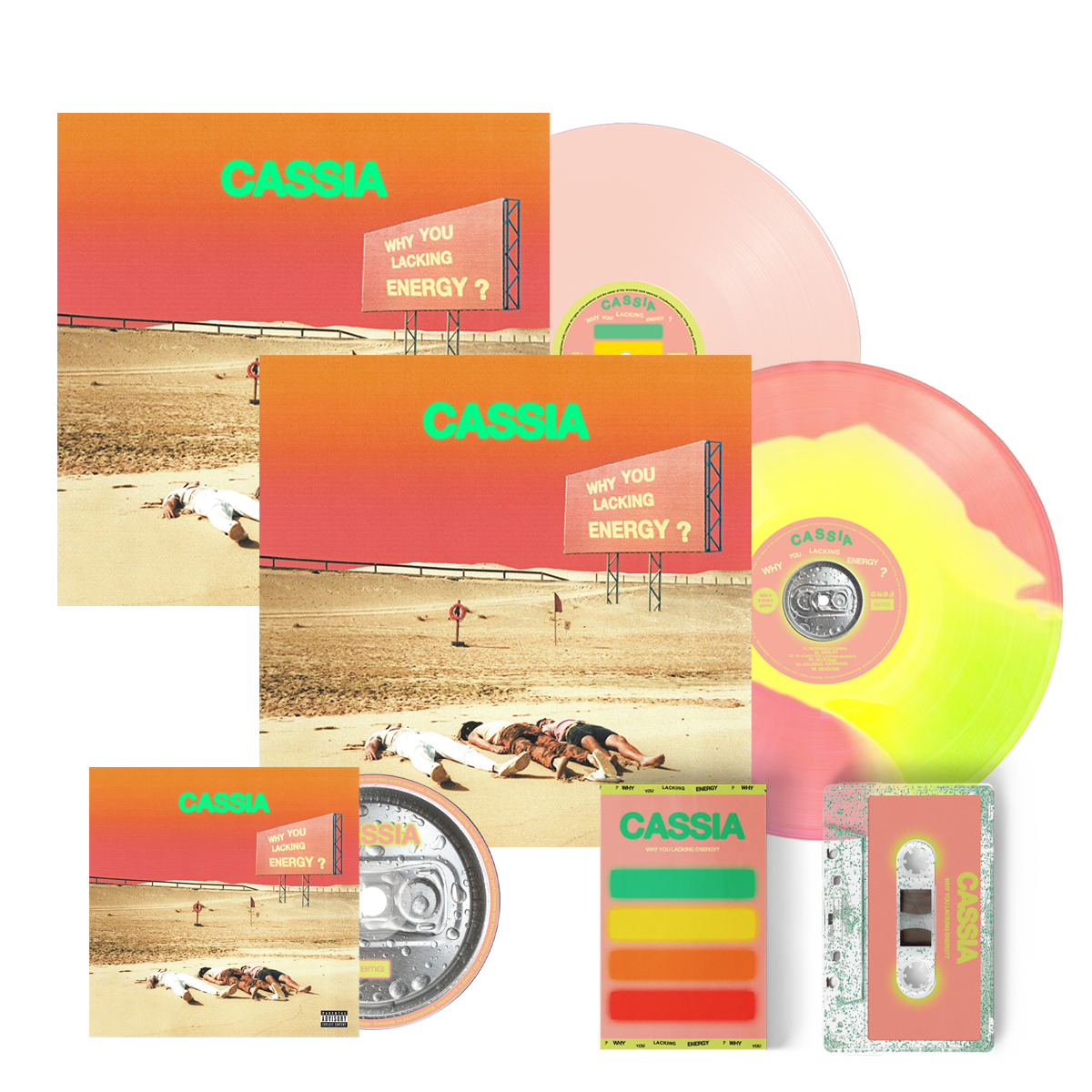 Cassia Signed - Why You Lacking Energy CD Signed + Clear Glitter Cassette + Tricolour Vinyl + Pink Vinyl Signed