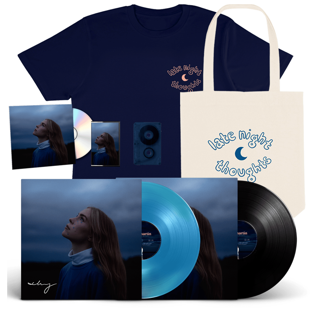 shy martin - late night thoughts lp, exclusive signed blue lp, limited edition cassette, cd album, t-shirt & tote bag