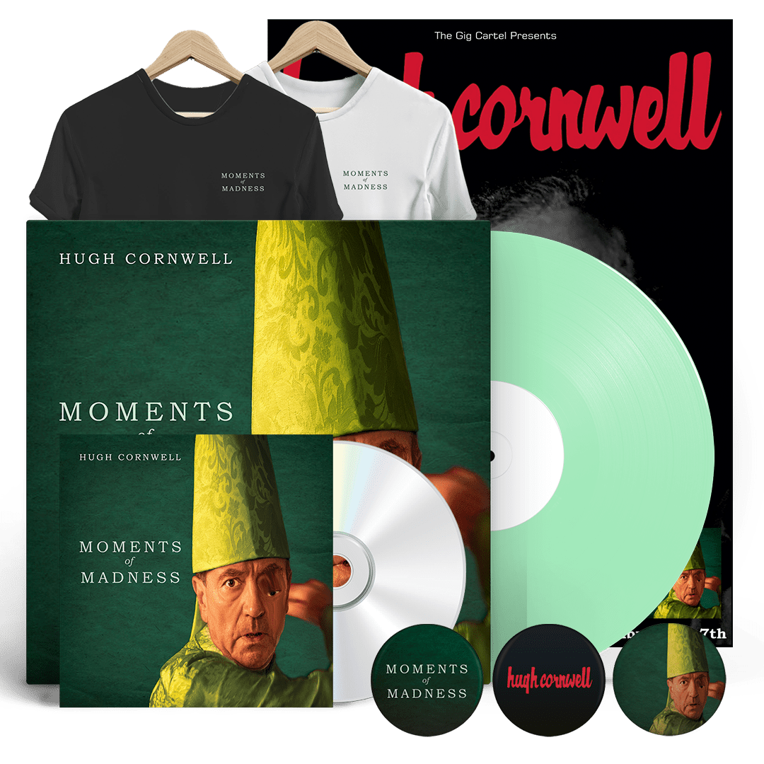 Hugh Cornwell - Moments Of Madness Colour Vinyl-CD-T-Shirt-Poster-Badges Bundle