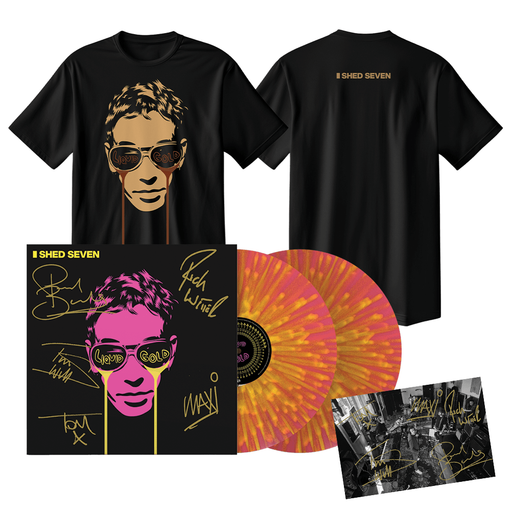 Shed Seven - Liquid Gold Pink with Yellow Splatter Signed Double-Vinyl-T-Shirt