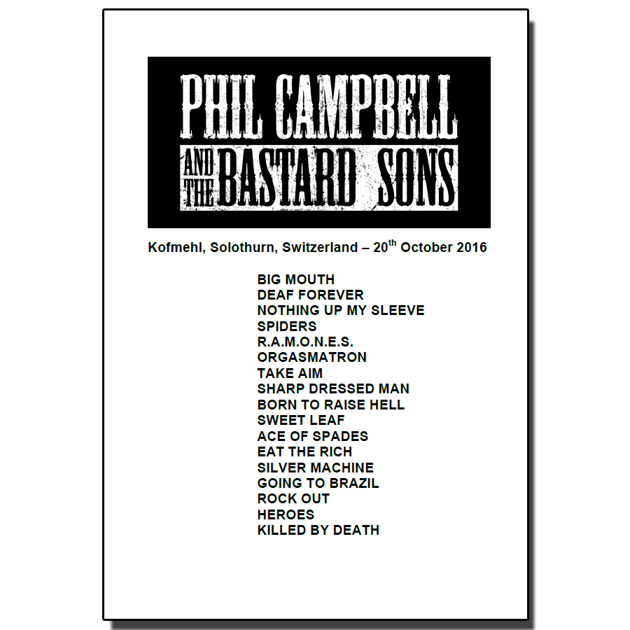 Phil Campbell And The Bastard Sons - Set List From Solothurn Show Signed