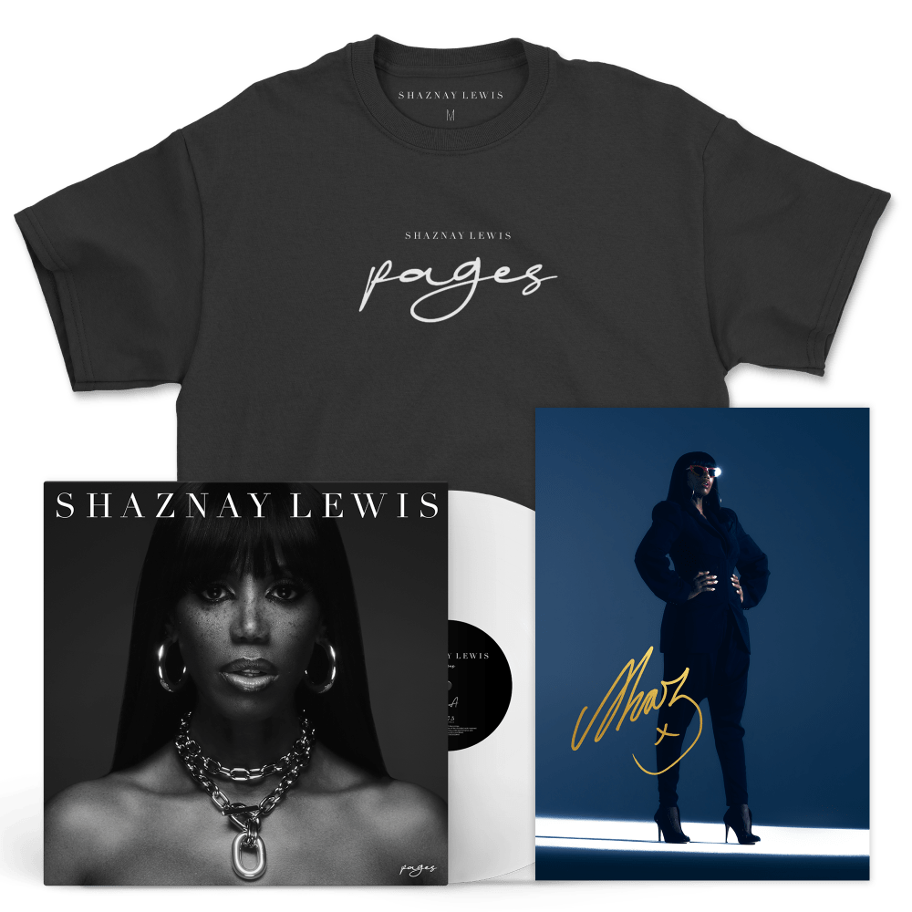 Pages White Vinyl + Pages T-Shirt Bundle (Inc Signed Print) by Shaznay Lewis