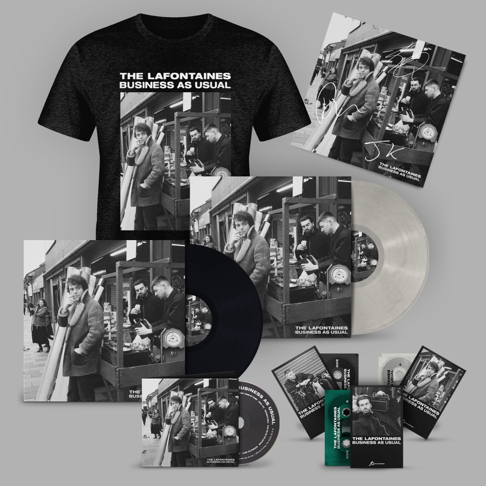 Business As Usual' Pearl White Vinyl, All 3 Cassettes, CD, T-Shirt + Signed Print by The LaFontaines