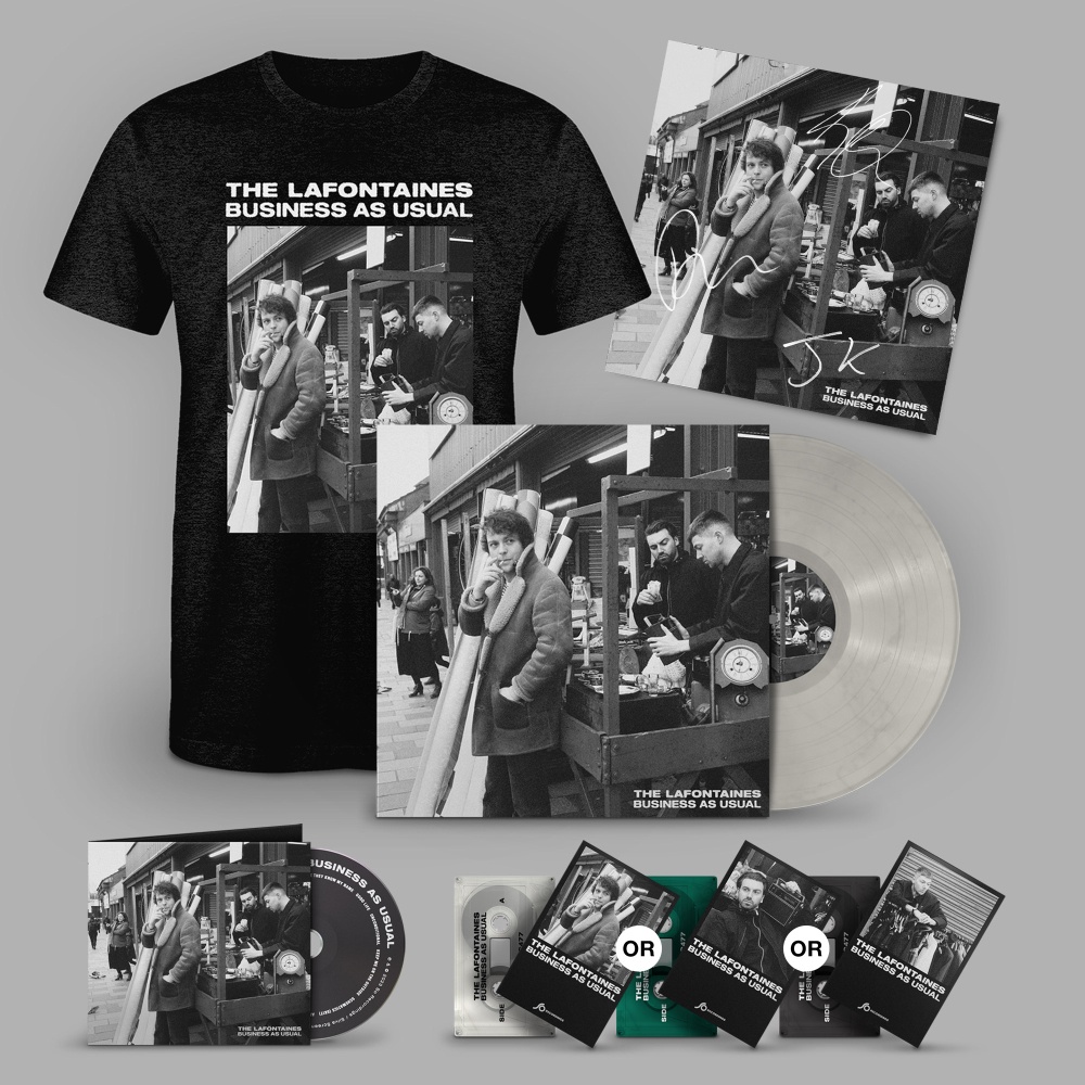 Business As Usual' Pearl White Vinyl, Choice of Cassette, CD, T-Shirt + Signed Print by The LaFontaines