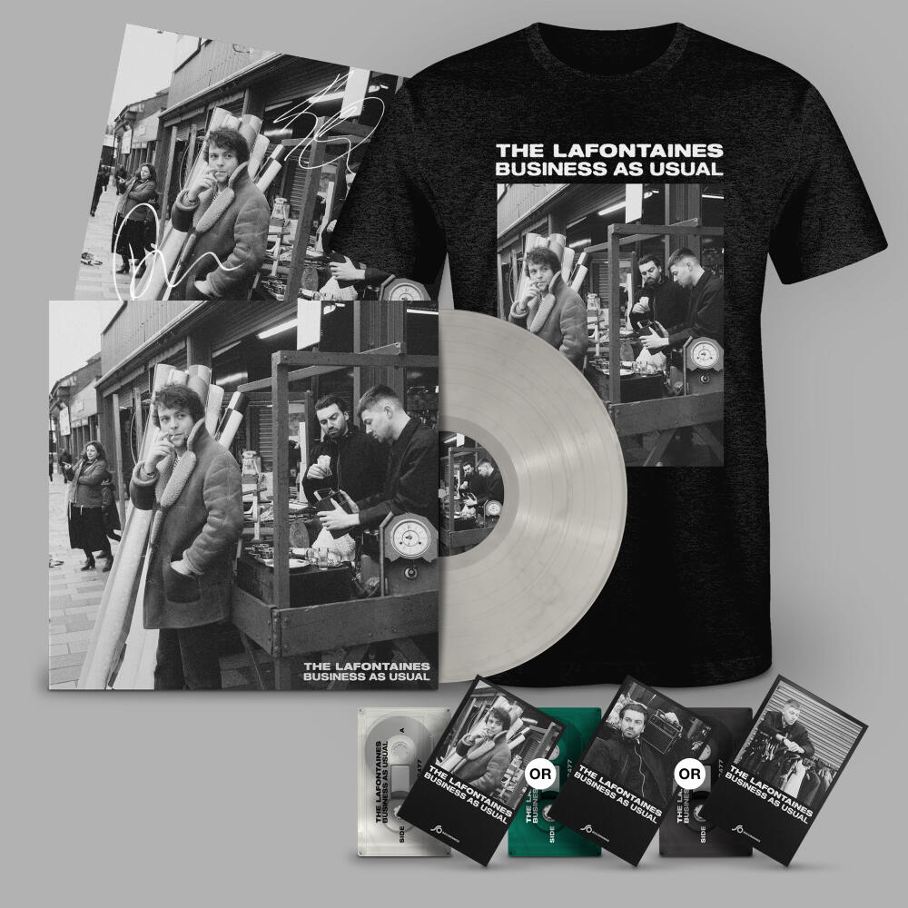 Business As Usual' Pearl White Vinyl,  Choice of Cassette, T-Shirt + Signed Print by The LaFontaines