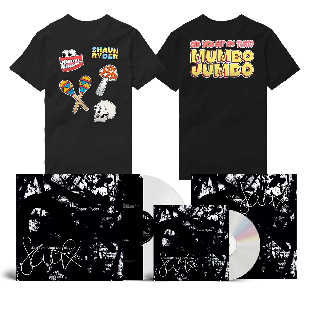 Visits From Future Technology CD + White Vinyl + Mumbo Jumbo T-Shirt (Inc 12x12 signed album art print) by Shaun Ryder
