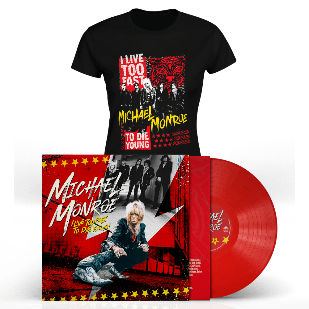 I Live Too Fast to Die Young Red Vinyl & Fitted Ladies' T-Shirt - Michael Monroe