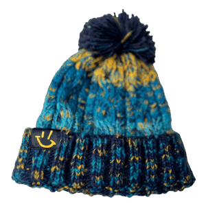 Blue & Yellow Corkscrew Pom-Pom Beanie with GP Smiley logo by Graeme Park DJ