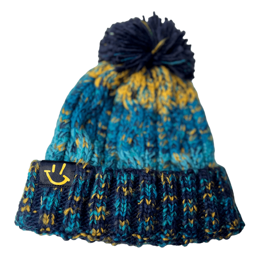Blue & Yellow Corkscrew Pom-Pom Beanie with GP Smiley logo by Graeme Park DJ