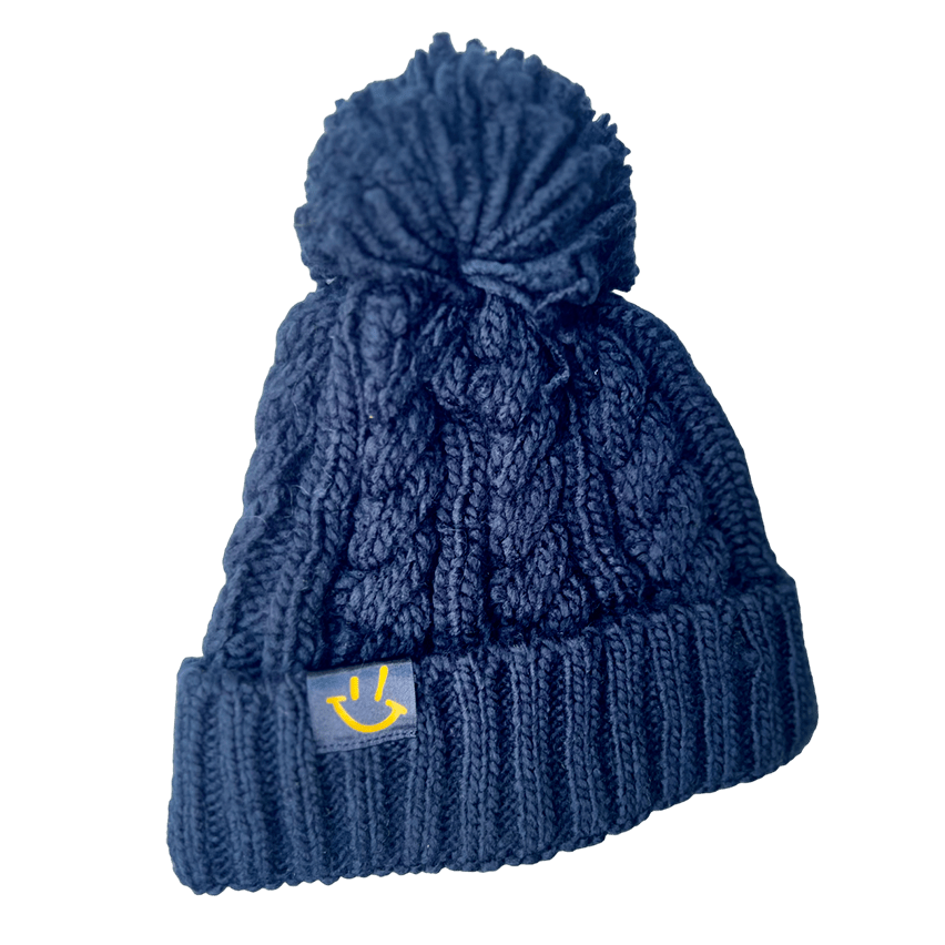 Black Cable Knit Melange Beanie with GP Smiley logo by Graeme Park DJ