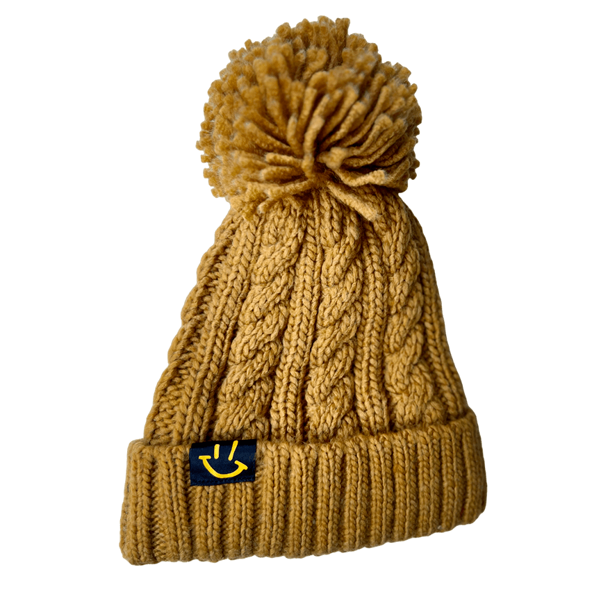 Mustard Cable Knit Melange Beanie with GP Smiley logo by Graeme Park DJ