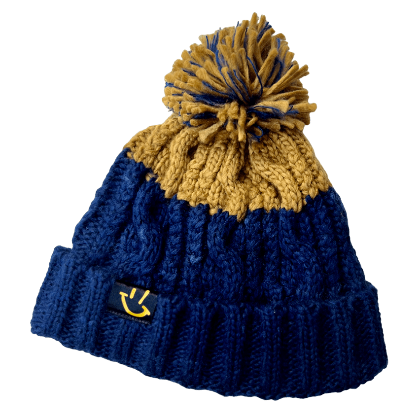Navy & Mustard Apres Beanie with GP Smiley logo by Graeme Park DJ