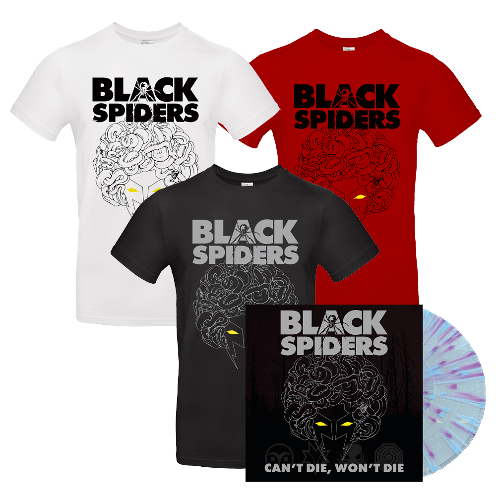 Can't Die, Won't Die Glow In The Dark Splatter Vinyl + T-Shirt with Signed Print by Black Spiders