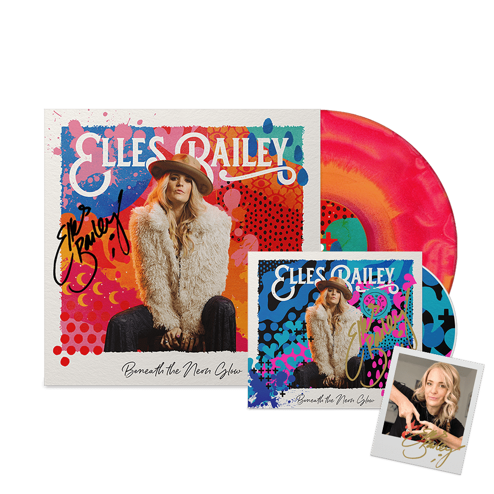 Beneath The Neon Glow Signed Deluxe CD + Signed Red & Orange 'Fruit Salad' Sunburst Vinyl by Elles Bailey