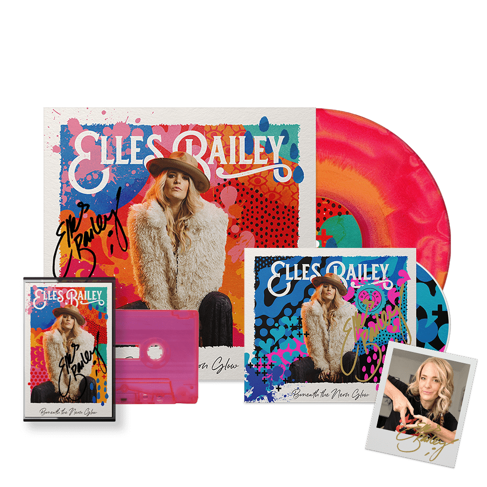 Beneath The Neon Glow Signed Deluxe CD + Signed Red & Orange 'Fruit Salad' Sunburst Vinyl + Cassette by Elles Bailey