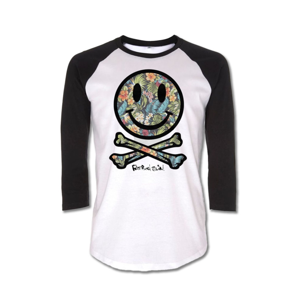 White/Black 'Floral Smiley' 3/4 Sleeve Baseball T-Shirt - Fatboy Slim
