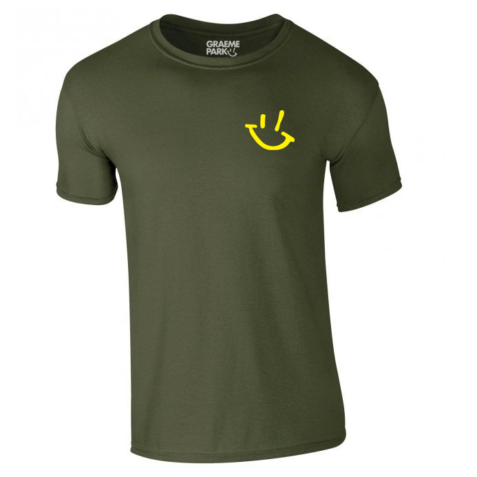 Military Green T-Shirt With Yellow GP Smiley Logo (Unisex)
