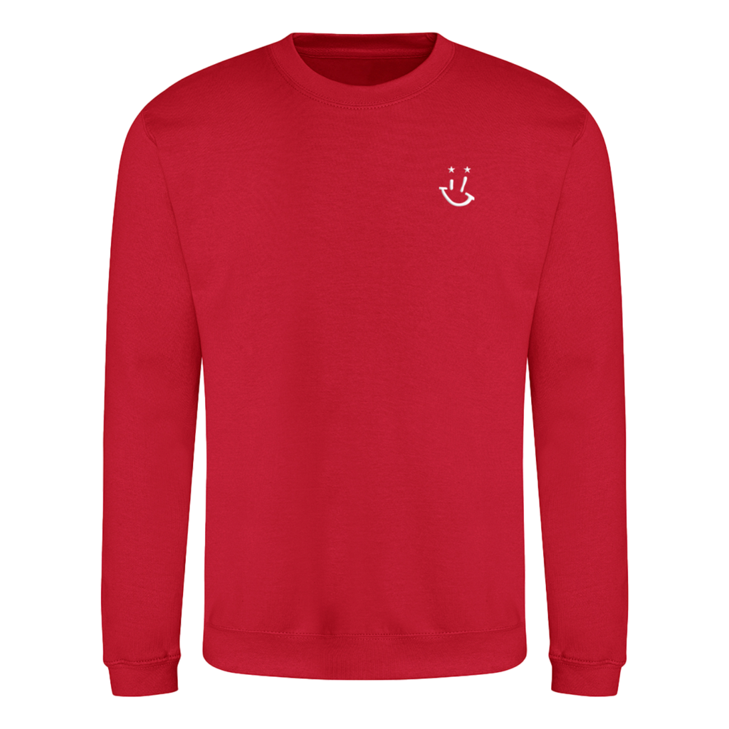 RED SWEATSHIRT WITH WHITE EMBROIDERED GP "DANDY" SMILEY LOGO