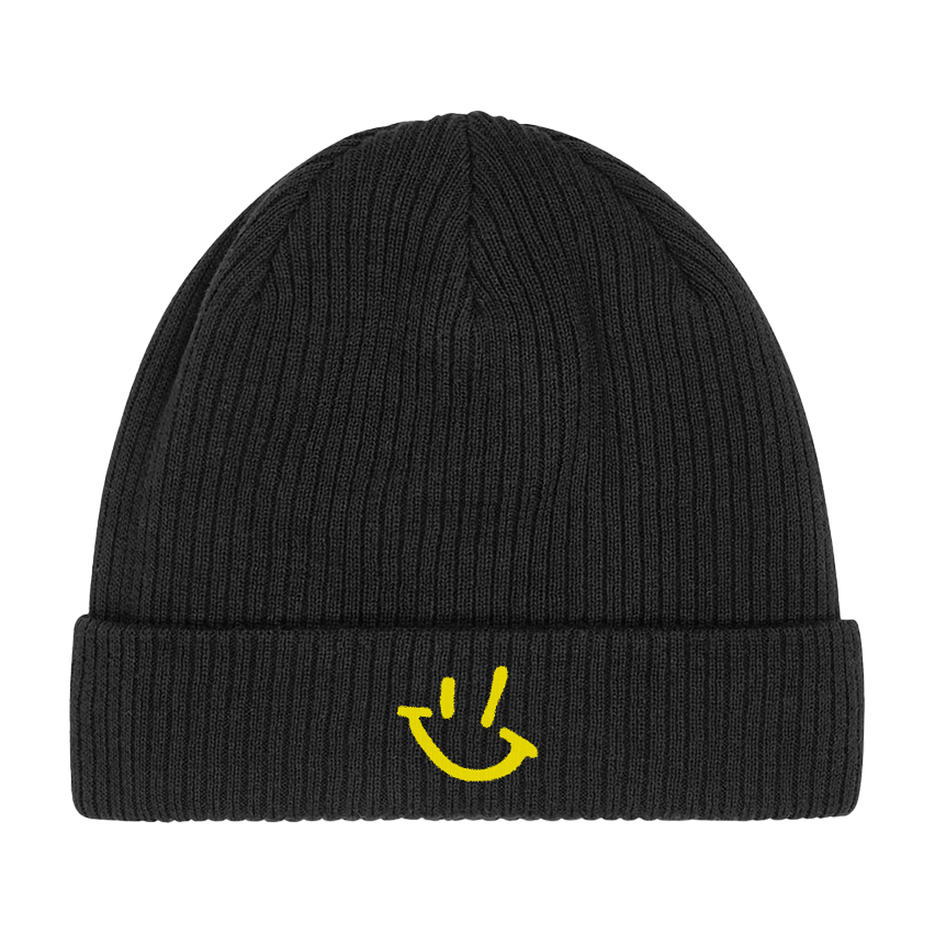 Organic Cotton Thick Rib Beanie in Black with Yellow GP logo