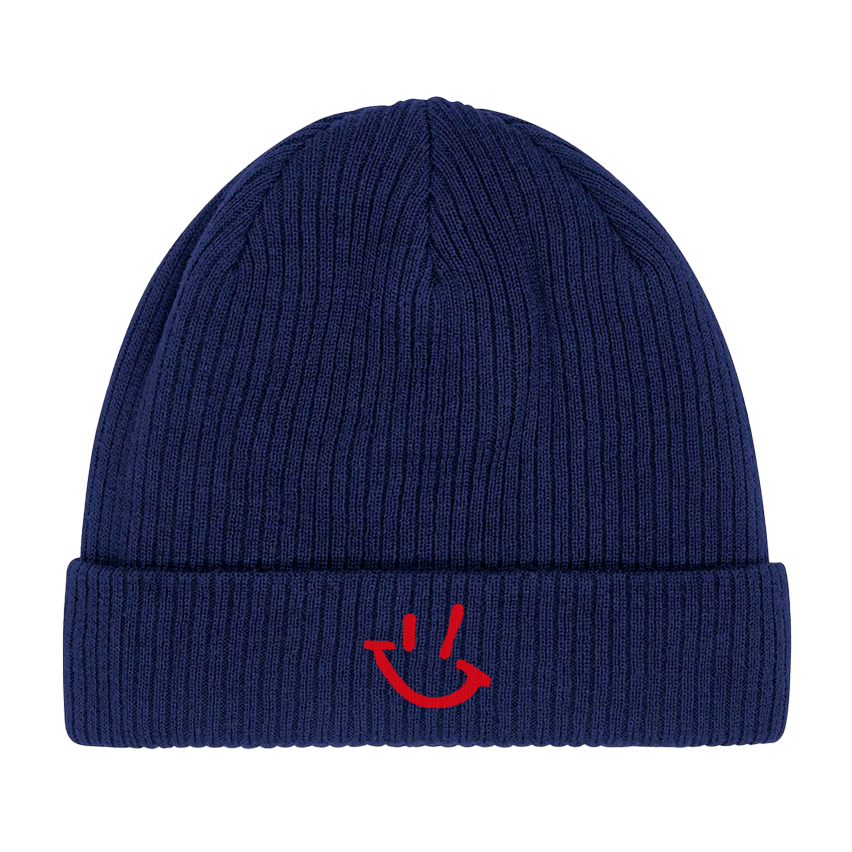 Organic Cotton Thick Rib Beanie in Navy with Red GP logo