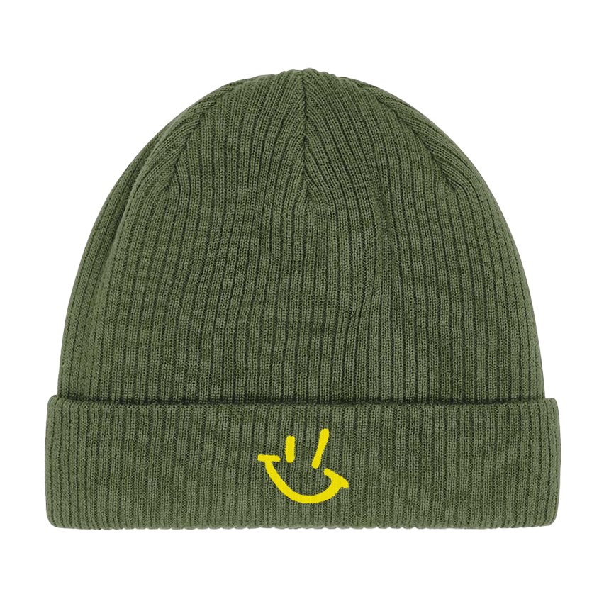 Organic Cotton Thick Rib Beanie in Olive Green with Yellow GP logo